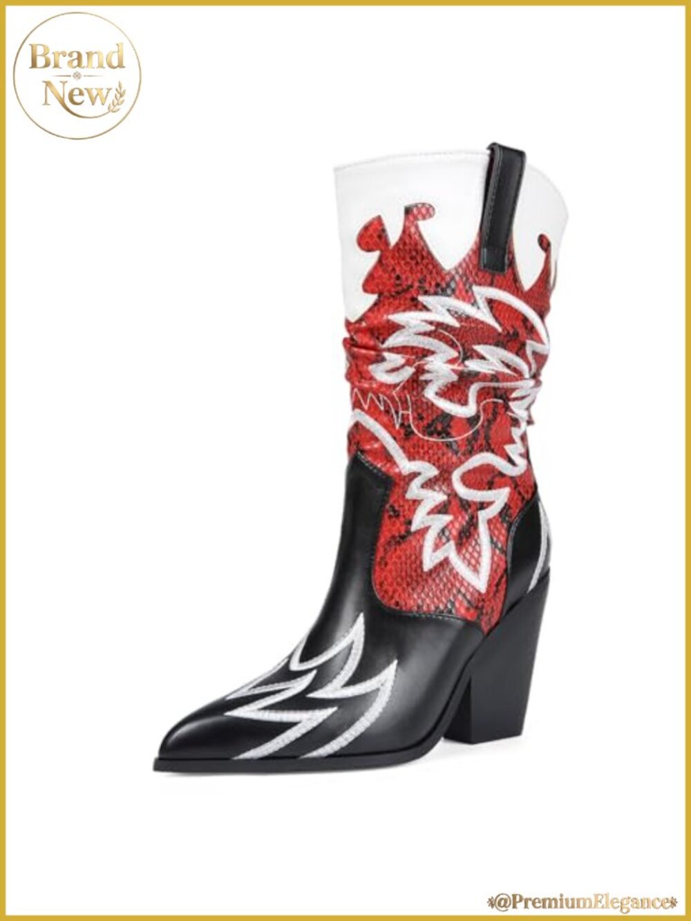 Faux Leather Mid Calf Cowboy Boots Chunky Heel Pointed Toe Embroidered Western